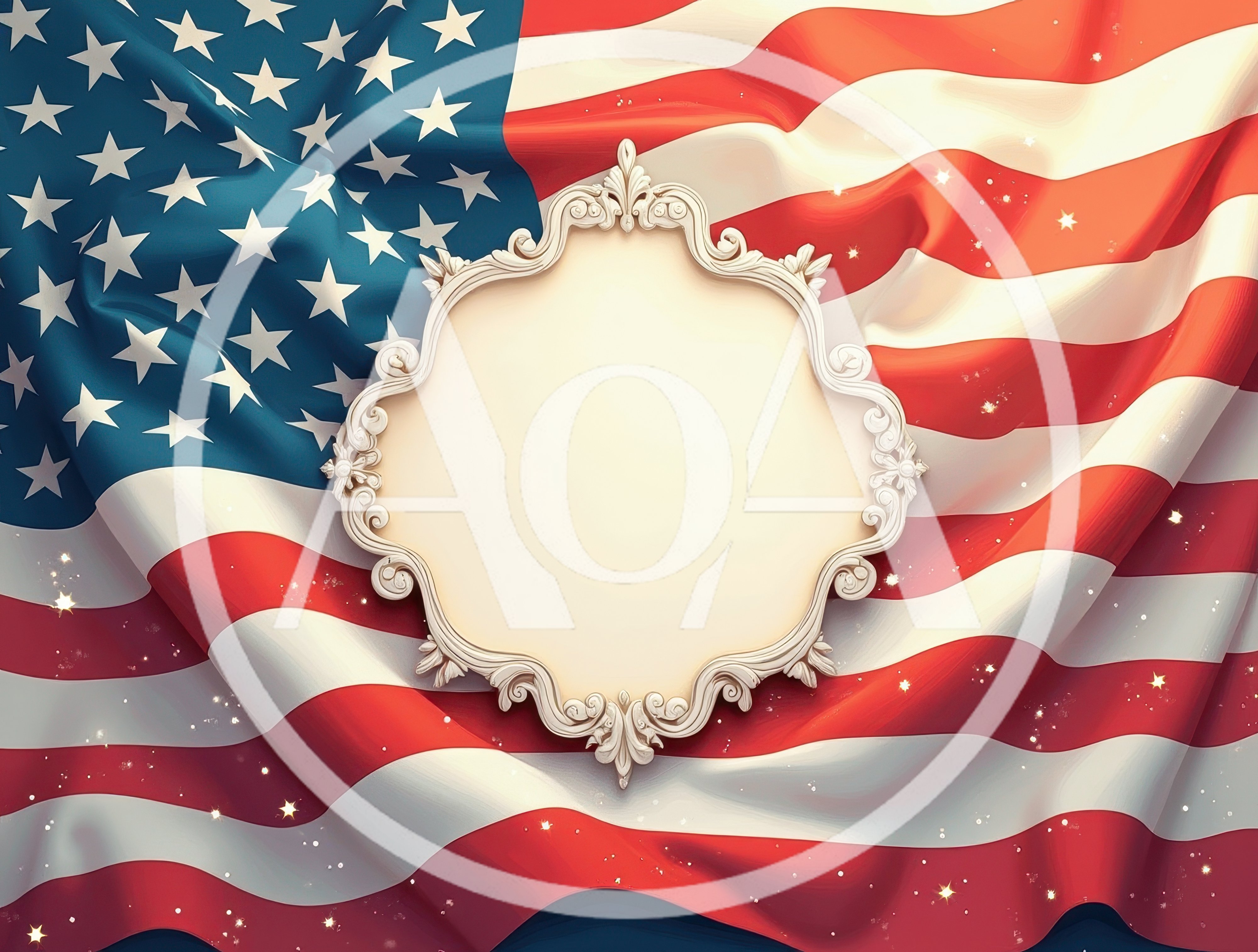 Ornate Decorative Frame Over Waving American Flag Background