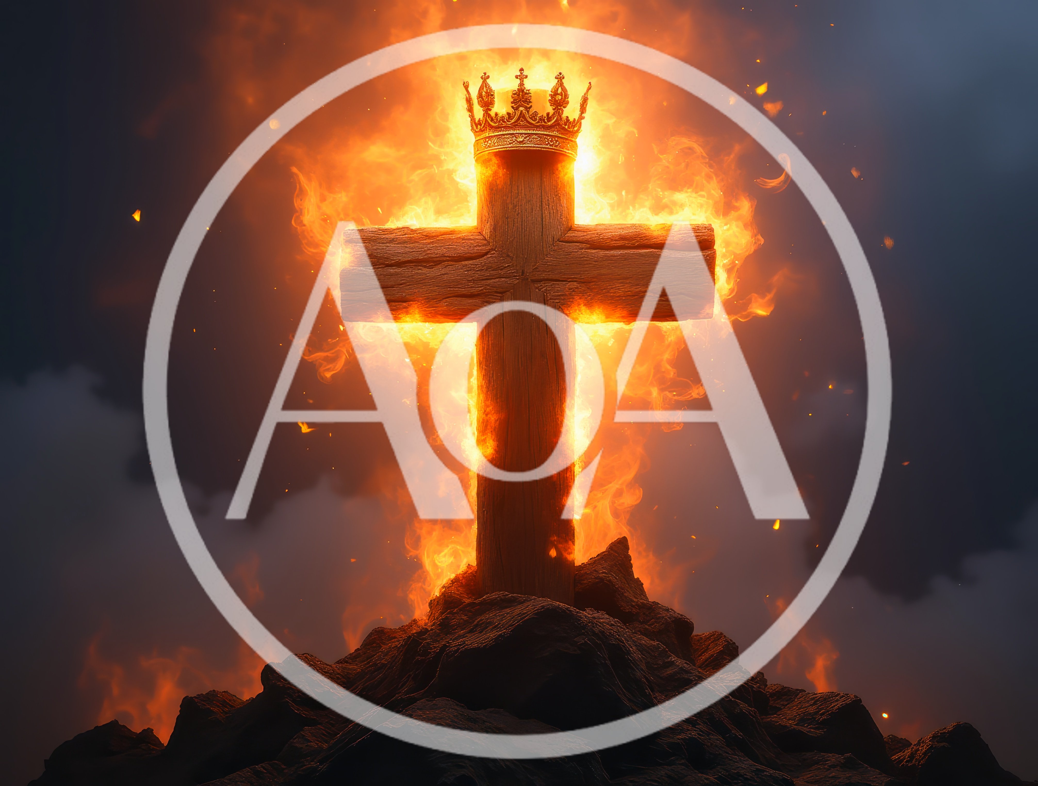 Burning Wooden Cross With Golden Crown On Rocky Peak
