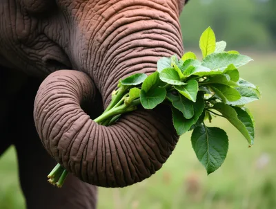 Elephant Trunk Holding Fresh Green Leaves