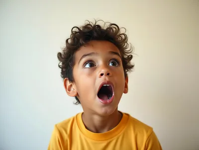 Surprised Young Boy With Curly Hair Looking Up