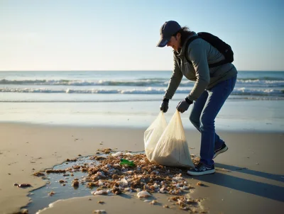 Volunteer Cleaning Plastic Waste From Sandy Beach