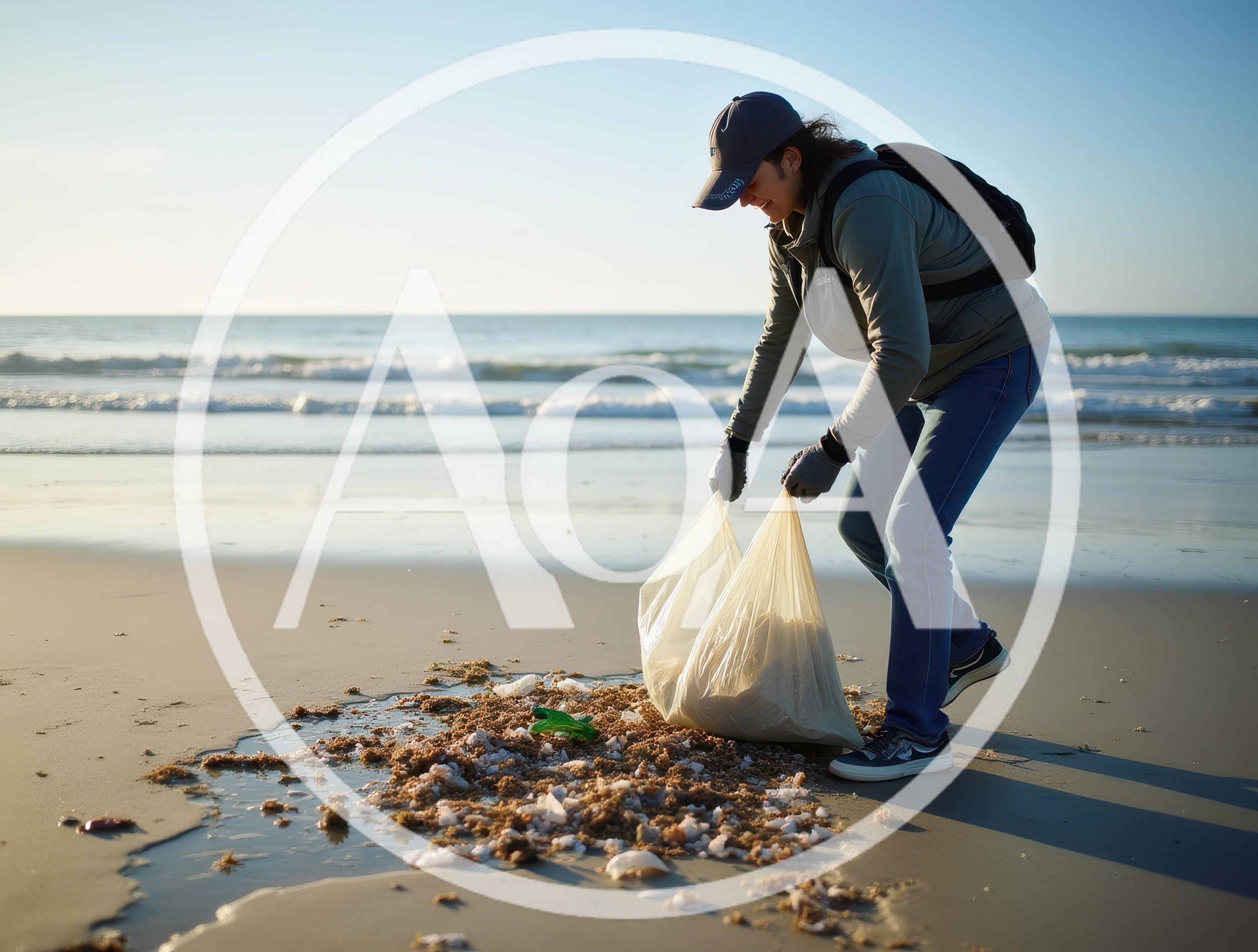 Volunteer Cleaning Plastic Waste From Sandy Beach