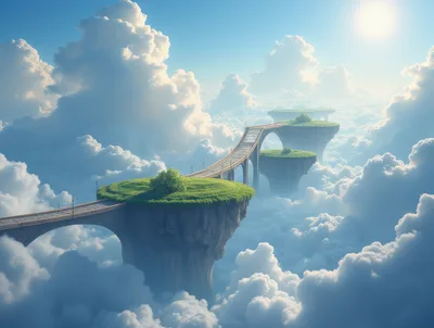 Floating Islands Connected By Stone Bridges Above Clouds