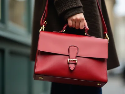 Person Carrying A Stylish Red Leather Handbag