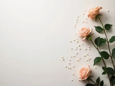 Three Peach Roses With Scattered Petals On White Background