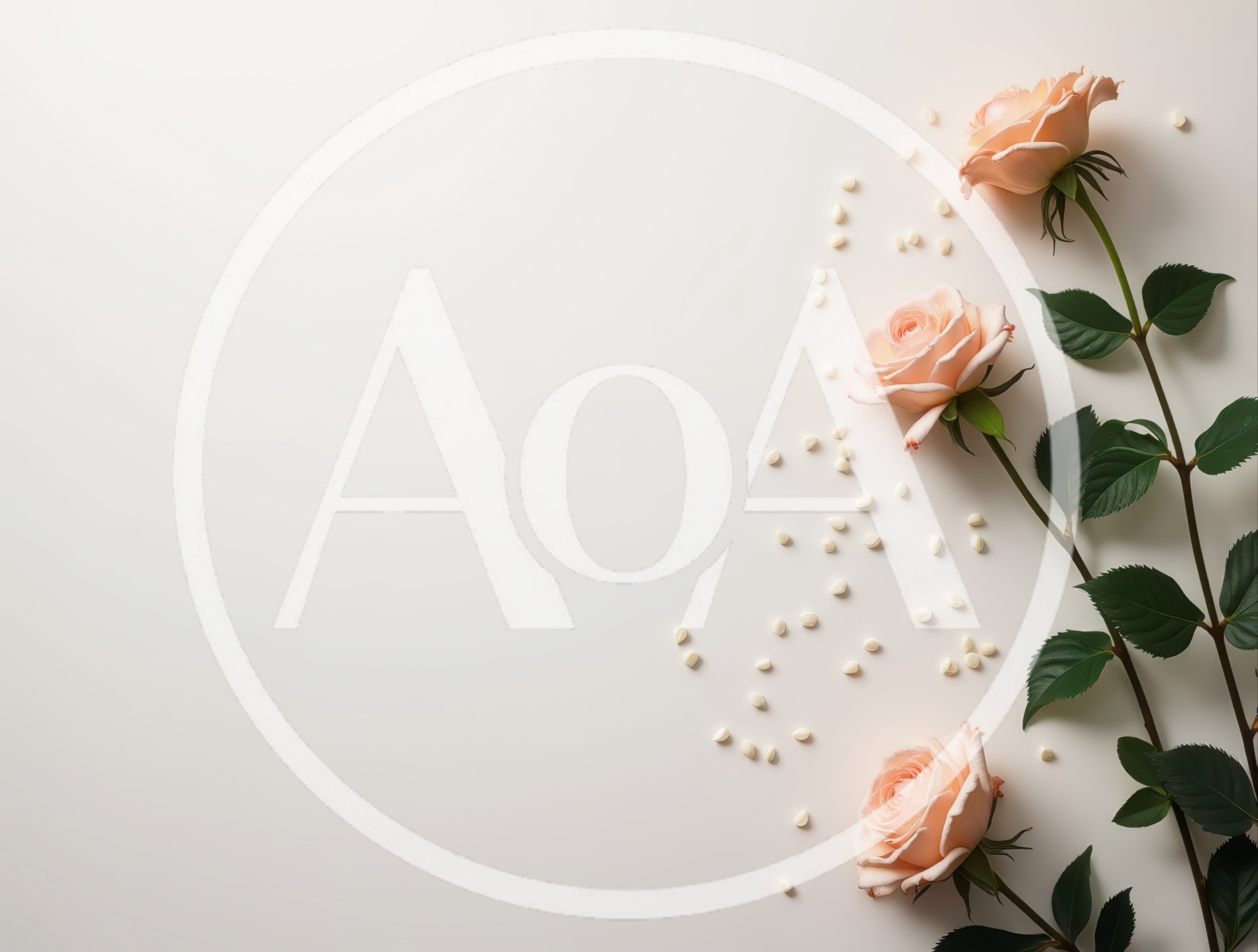 Three Peach Roses With Scattered Petals On White Background