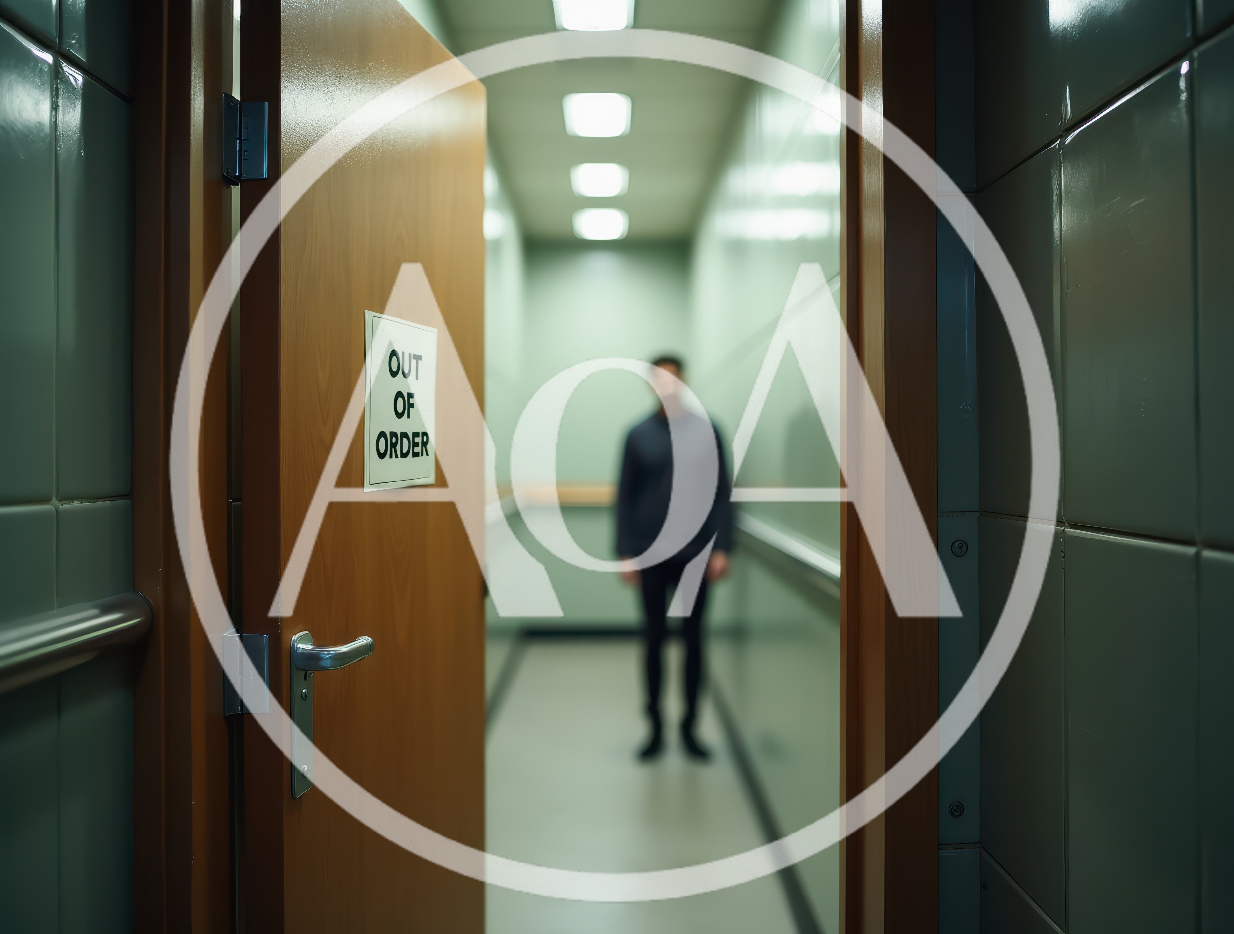 Out Of Order Sign On Doorway With Blurred Person