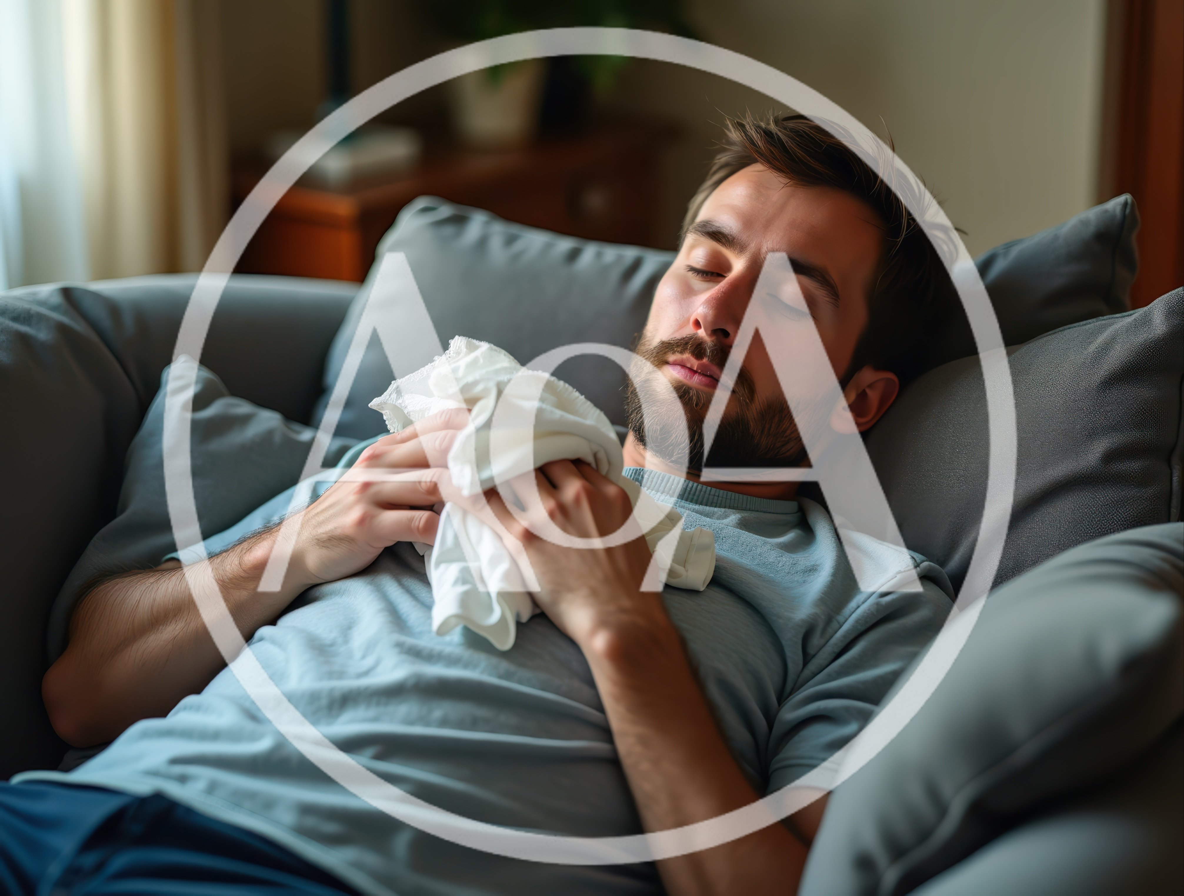 Man Sleeping On Sofa Holding White Fabric