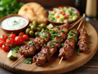 Grilled Meat Skewers With Fresh Vegetables And Dip