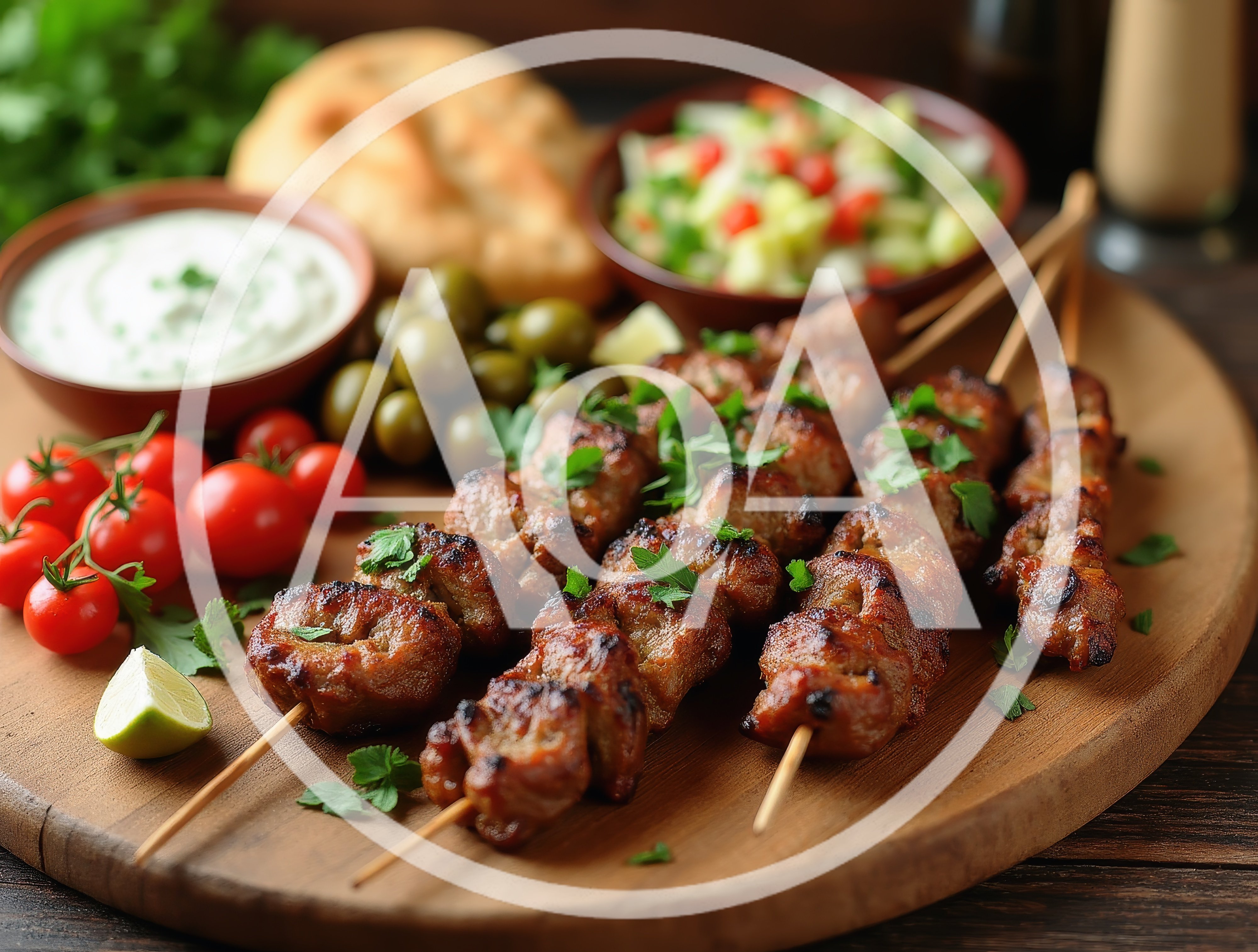 Grilled Meat Skewers With Fresh Vegetables And Dip