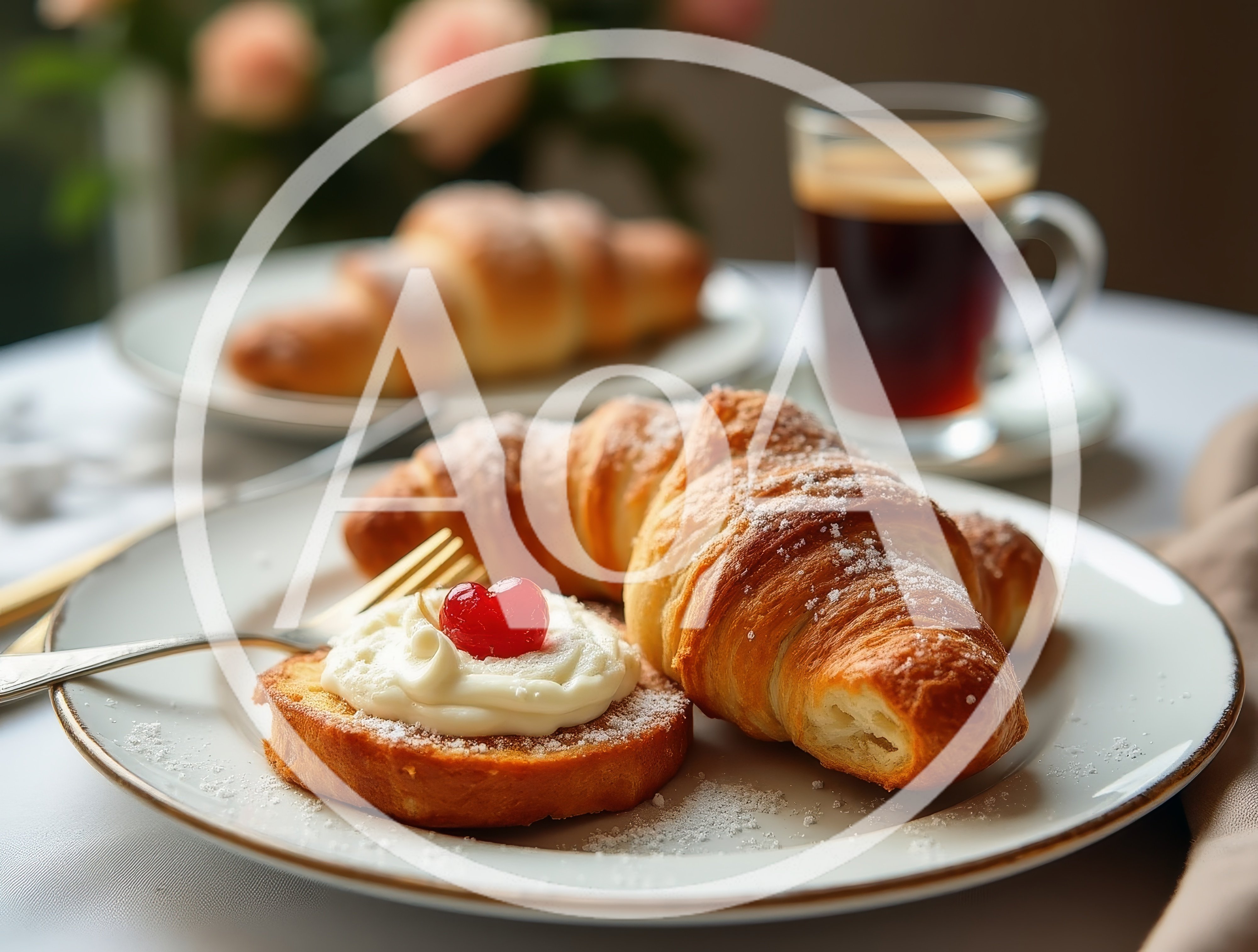 Breakfast Croissant With Cream And Cherry On Plate