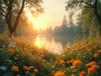Golden Sunset Over A Serene Forest Lake