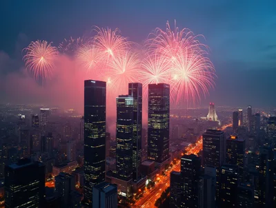 Fireworks Display Over Modern City Skyline At Night