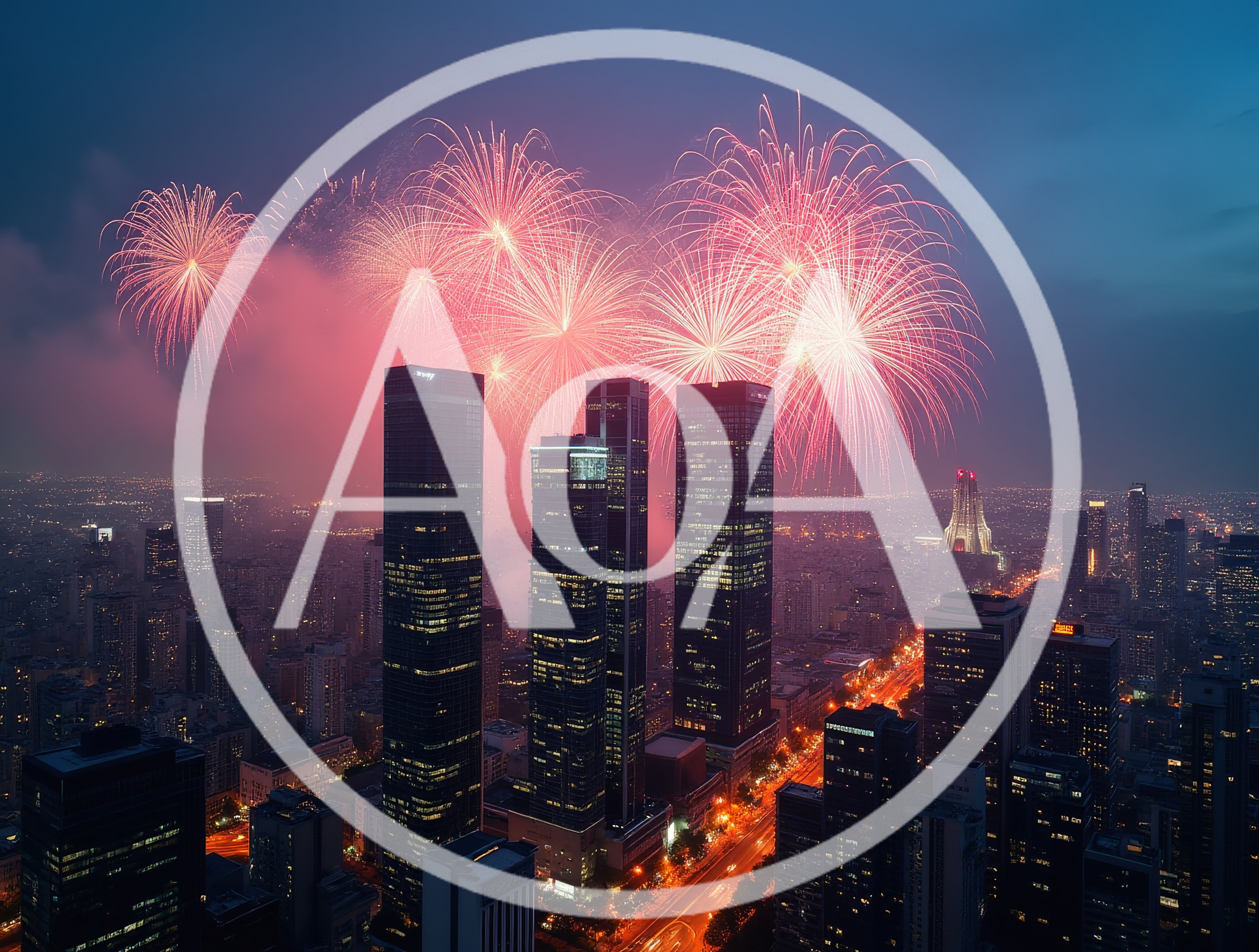 Fireworks Display Over Modern City Skyline At Night