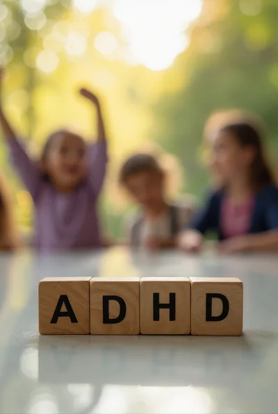 Wooden Blocks Spelling ADHD With Blurred Children In Background