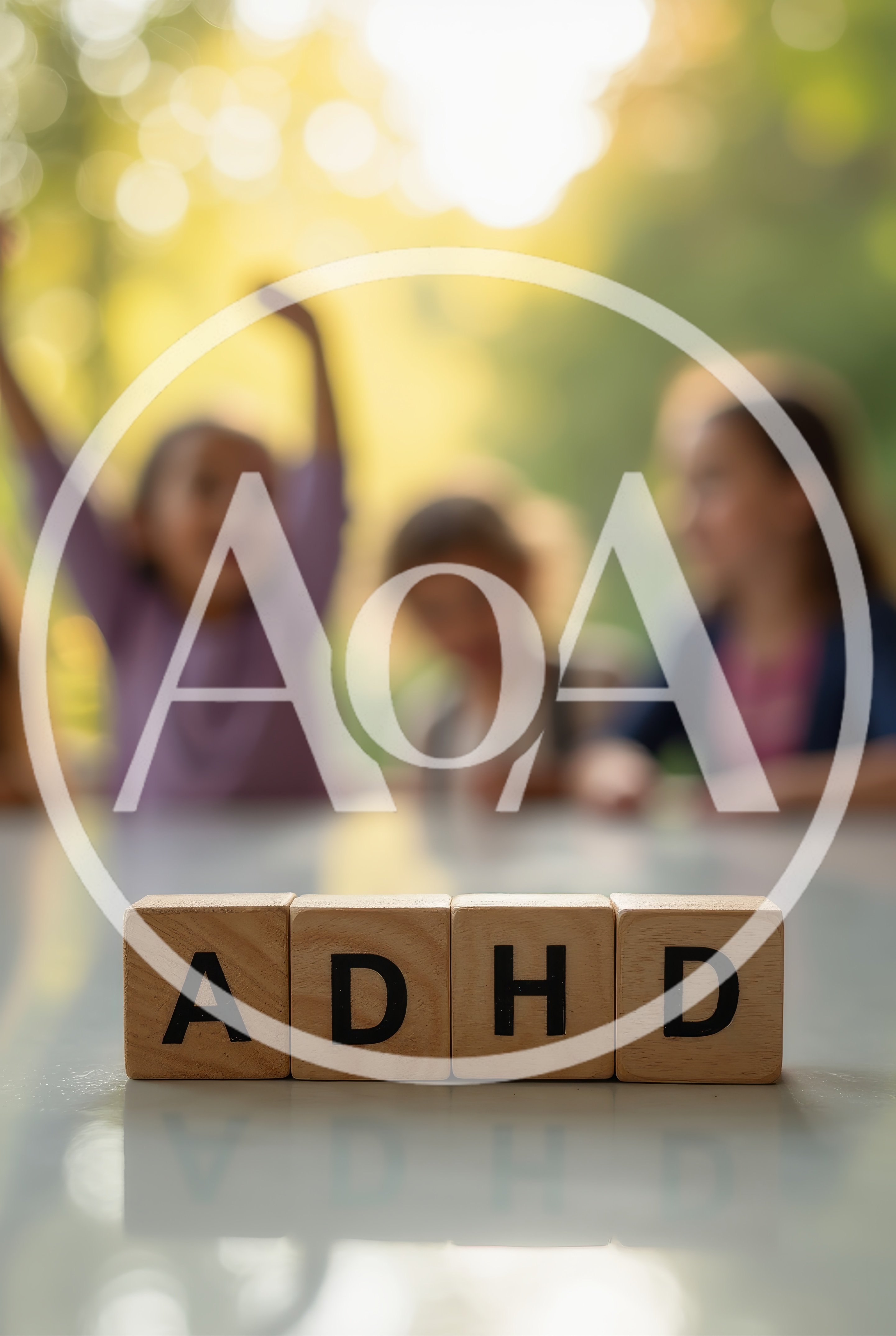 Wooden Blocks Spelling ADHD With Blurred Children In Background