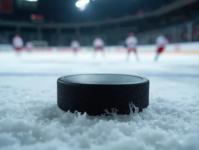 Hockey Puck Resting On Ice During A Game