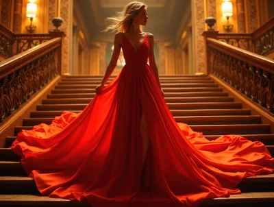 Elegant Woman In Red Gown Descending Grand Staircase