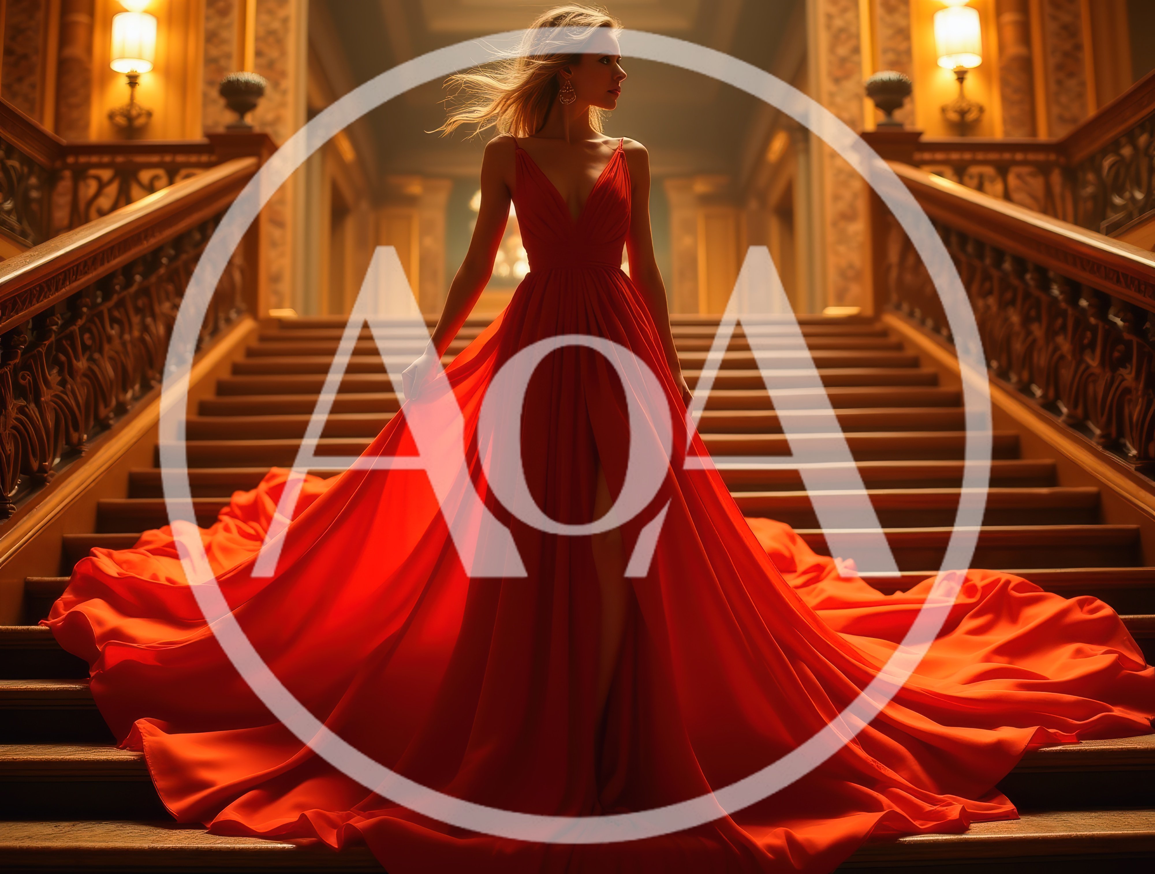 Elegant Woman In Red Gown Descending Grand Staircase