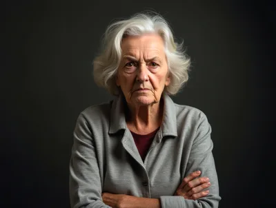 Portrait Of A Stern Elderly Woman With Crossed Arms