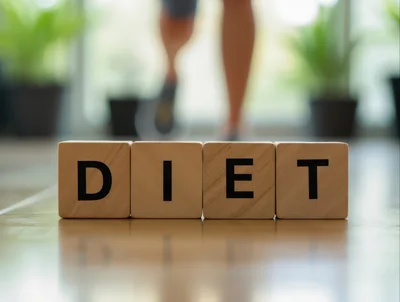 Wooden Blocks Spelling Diet With Blurred Person Walking