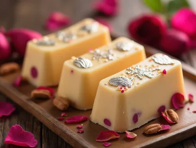 Three White Chocolate Bars Decorated With Silver Leaf