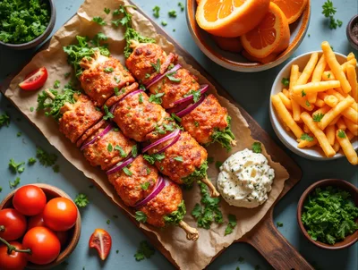 Grilled Meat Skewers With Fries And Fresh Vegetables