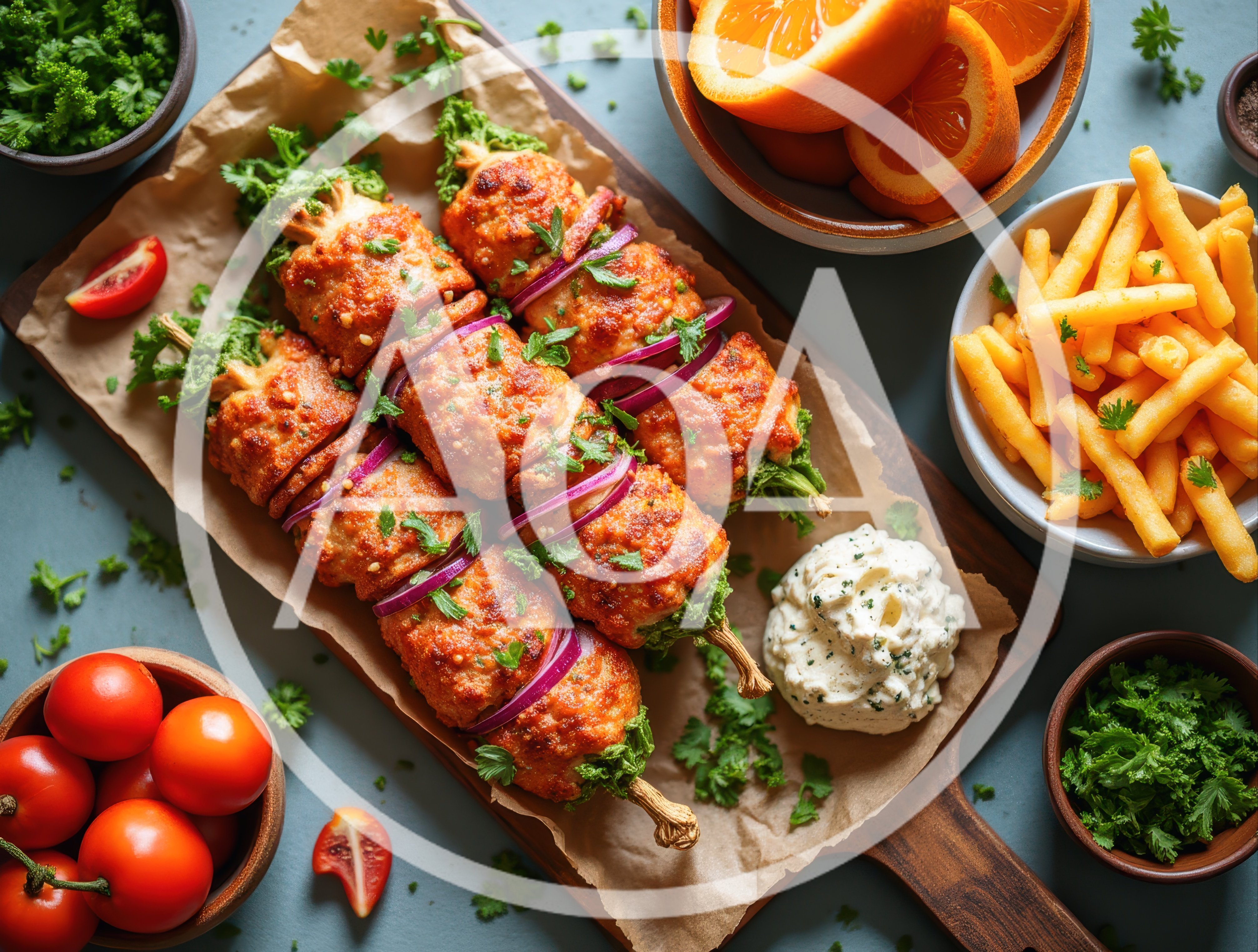 Grilled Meat Skewers With Fries And Fresh Vegetables