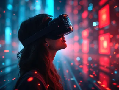 Young Woman Wearing Virtual Reality Headset In Neon City