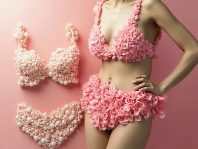 Woman Wearing Floral Lingerie Set Next To Matching Pieces