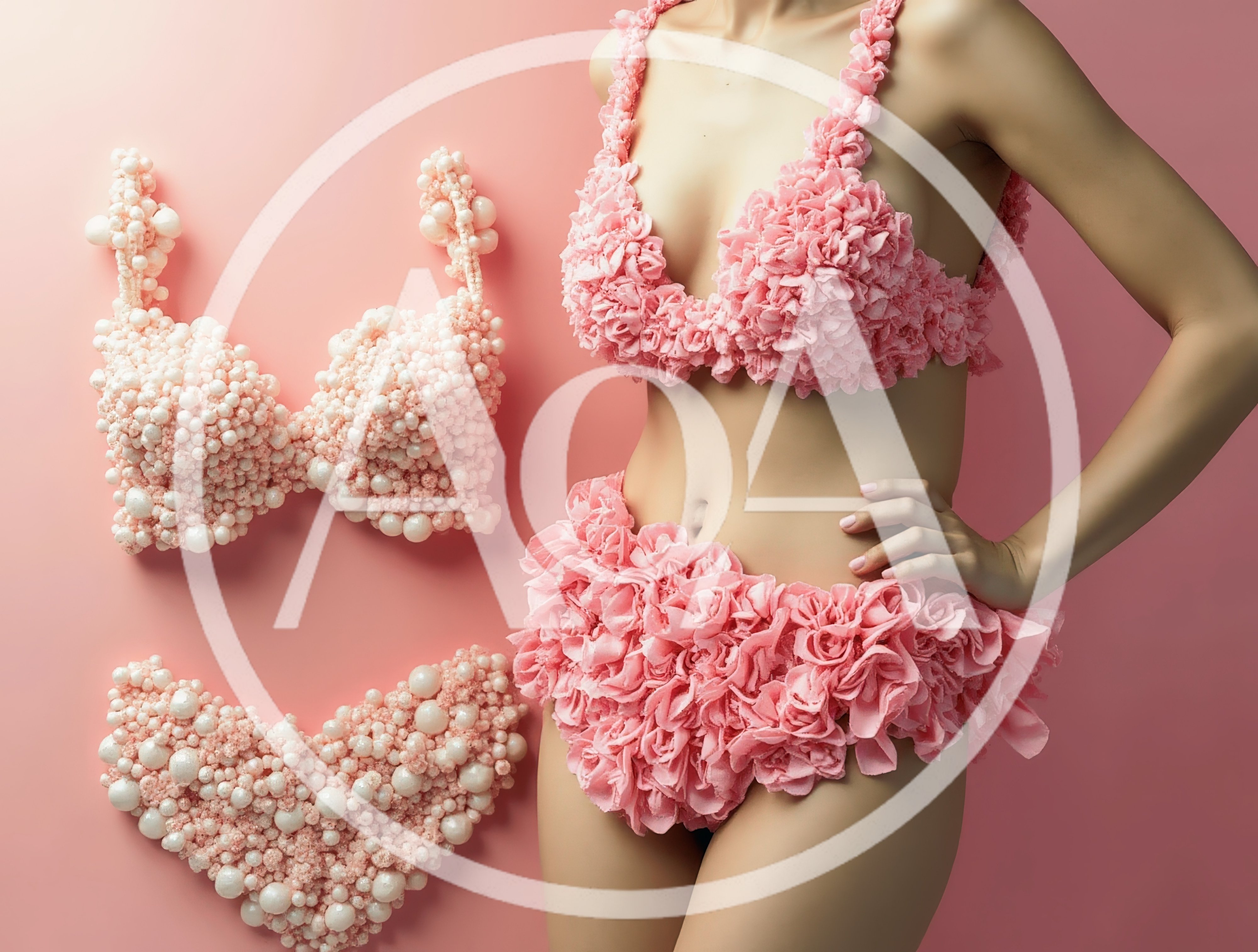 Woman Wearing Floral Lingerie Set Next To Matching Pieces