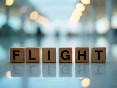 Wooden Blocks Spelling Flight On Reflective Surface