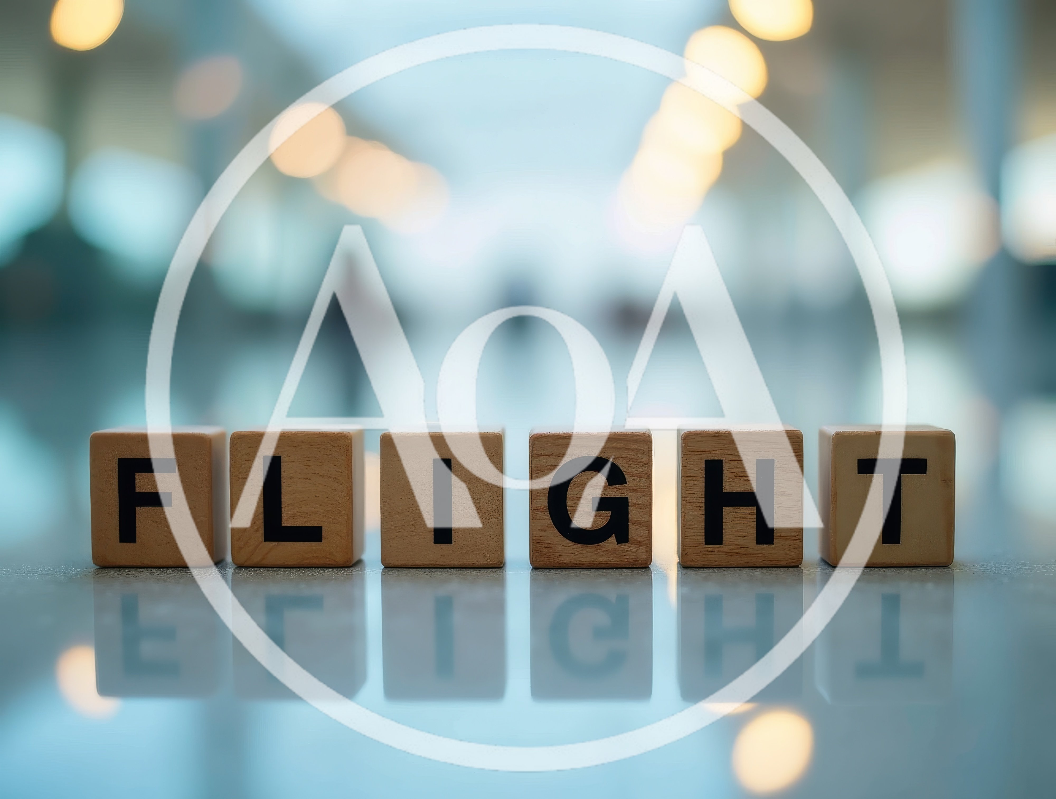 Wooden Blocks Spelling Flight On Reflective Surface