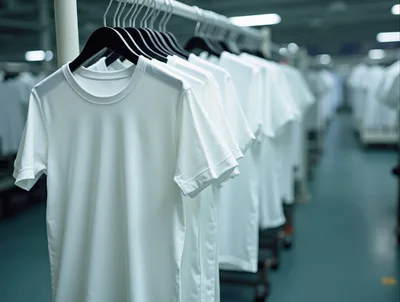 Rows Of White T-Shirts Hanging On A Clothing Rack