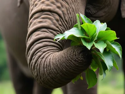 Elephant Trunk Holding Fresh Green Leaves