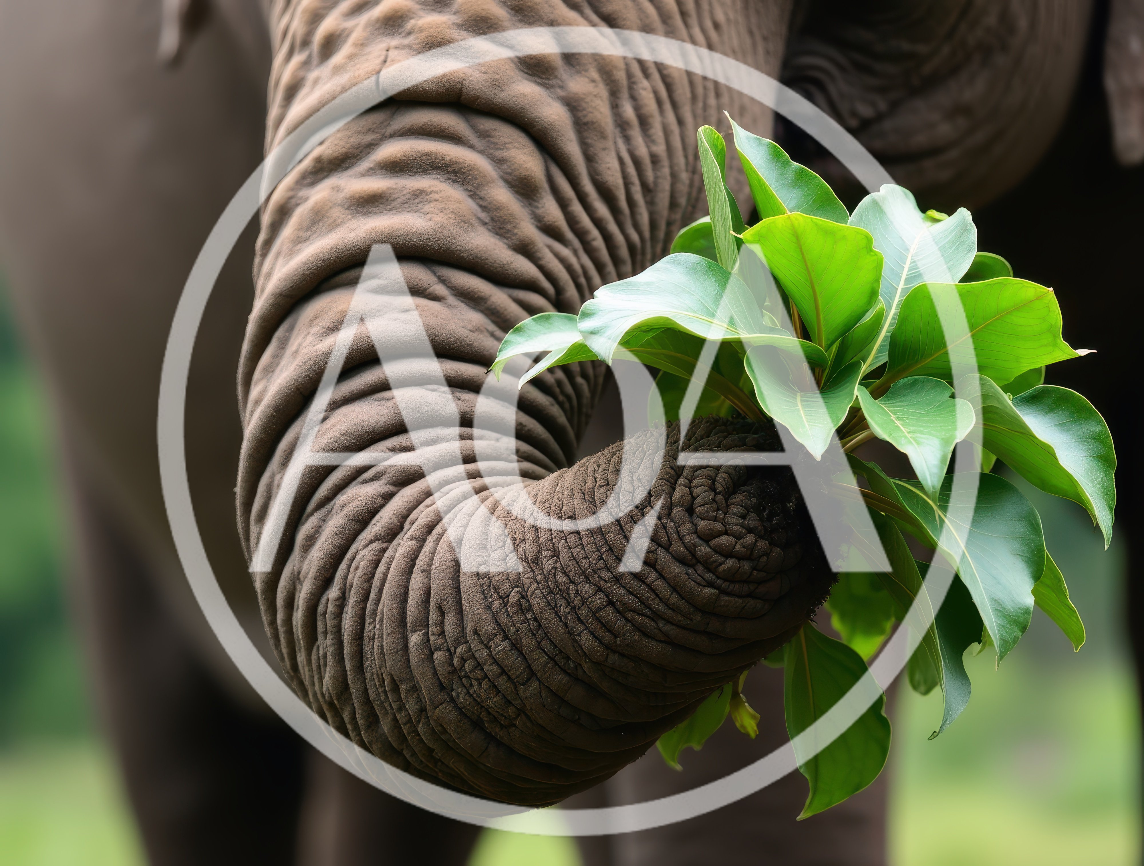 Elephant Trunk Holding Fresh Green Leaves