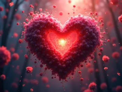 Glowing Pink Floral Heart Floating in Ethereal Forest