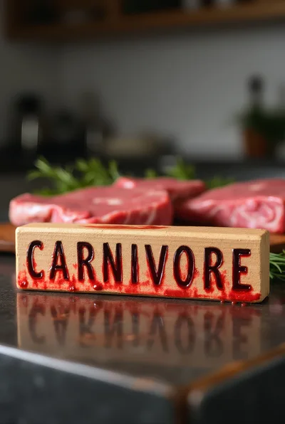 Carnivore Sign With Raw Steaks On Kitchen Counter