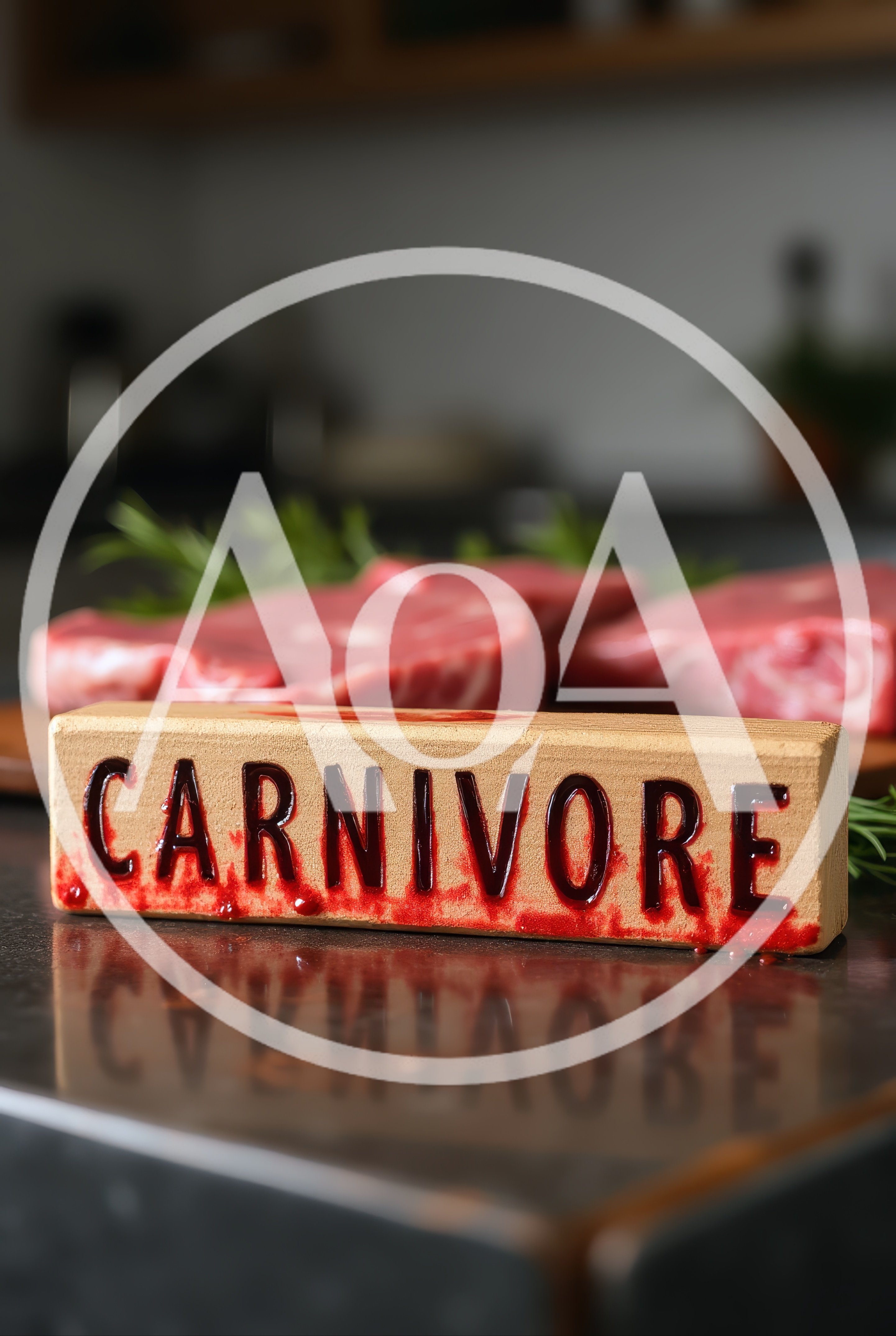 Carnivore Sign With Raw Steaks On Kitchen Counter