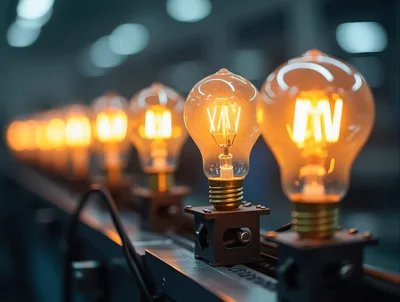 Light Bulbs Moving Along An Industrial Assembly Line