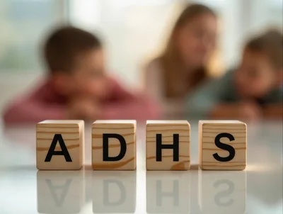 Wooden Blocks Spelling ADHS With Blurred Children In Background