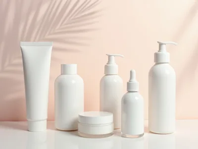 Set Of Blank White Cosmetic Bottles And Jars