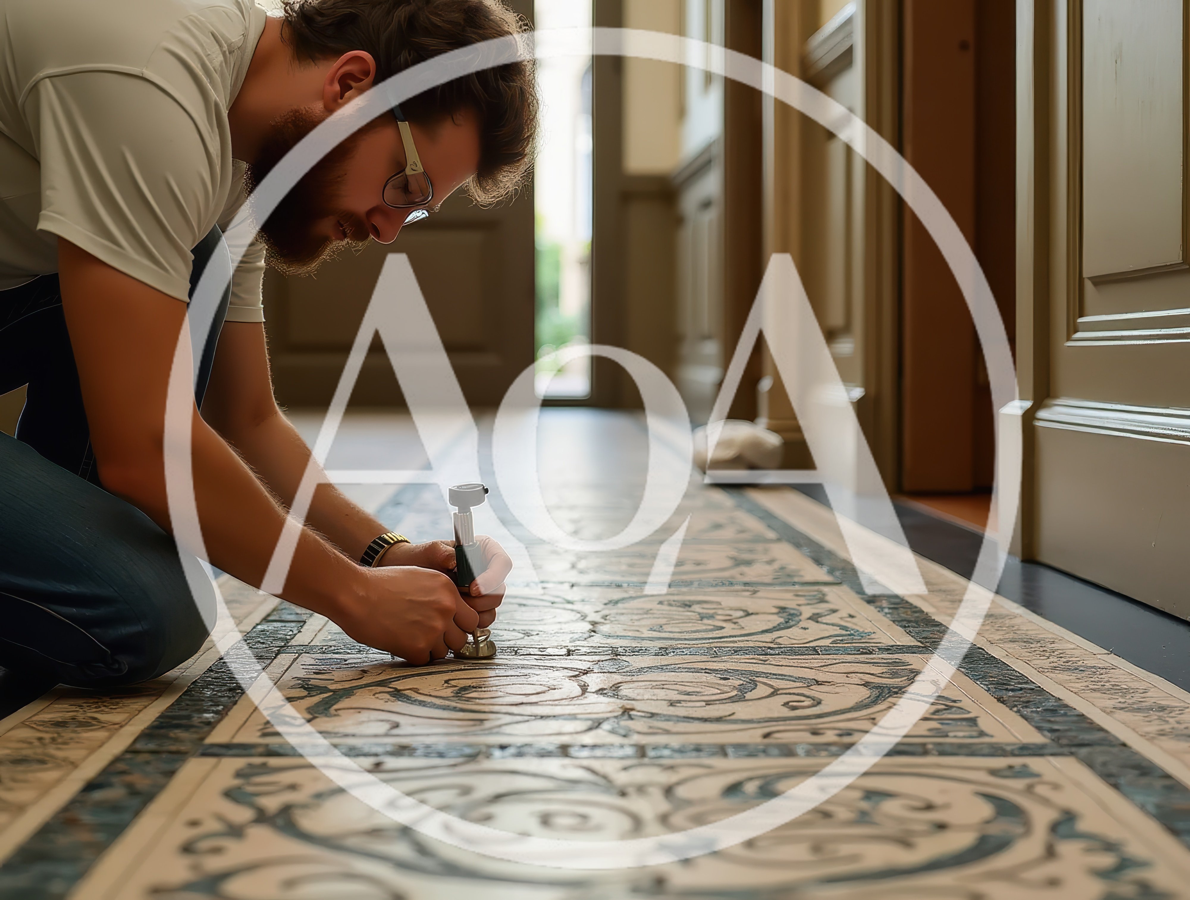 Professional Restorer Inspecting Antique Tile Floor