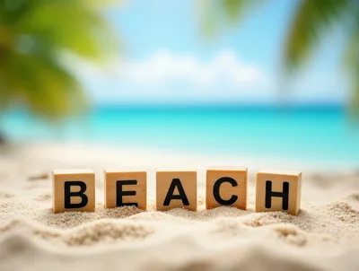 Wooden Blocks Spelling Beach on Tropical Sand