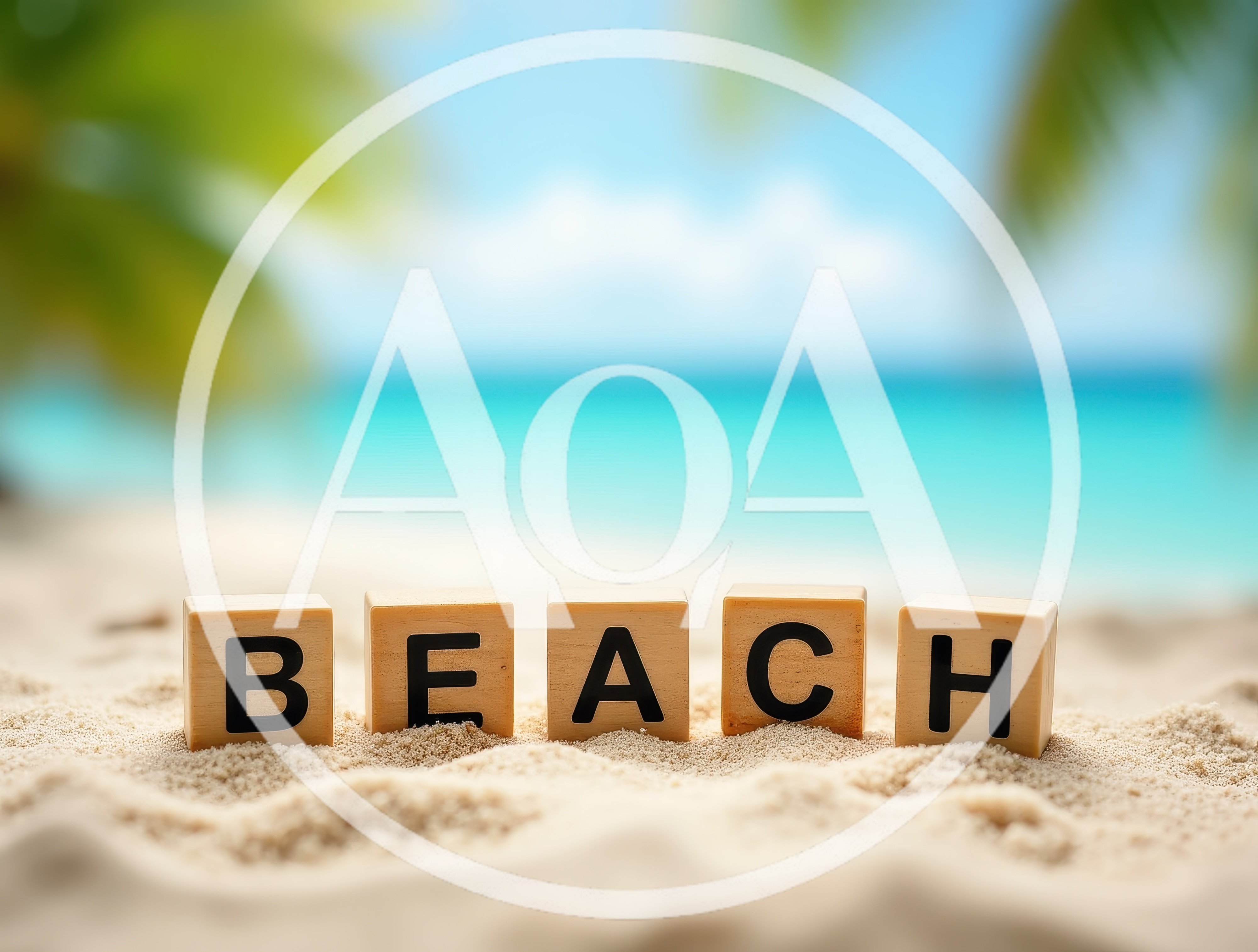 Wooden Blocks Spelling Beach on Tropical Sand
