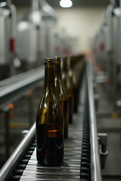 Empty Glass Bottles Moving Along Industrial Conveyor Belt