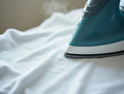 Close Up Of A Teal Steam Iron On White Fabric