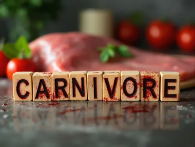 Wooden Blocks Spelling Carnivore With Raw Meat Background
