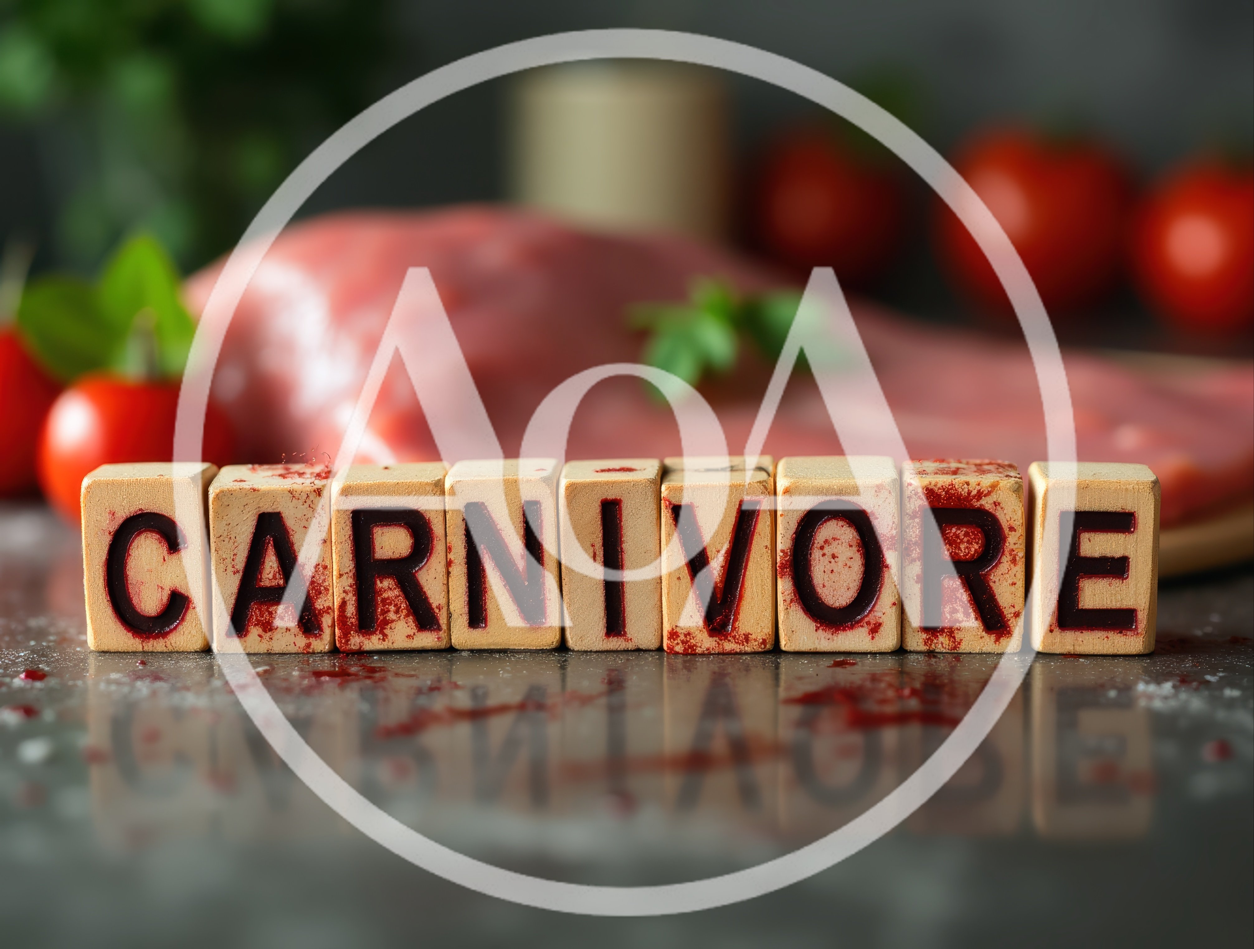 Wooden Blocks Spelling Carnivore With Raw Meat Background