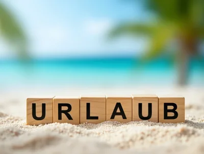 Wooden Blocks Spelling Urlaub on Tropical Beach Sand
